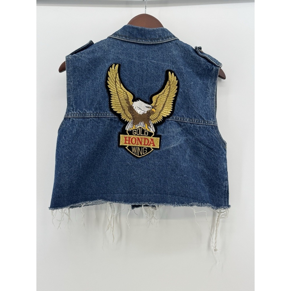 Levi'S Cropped Blue Denim Vest, Raw Hem, Chest Pockets, Honda Gold Wing Patch - Picture 4 of 13